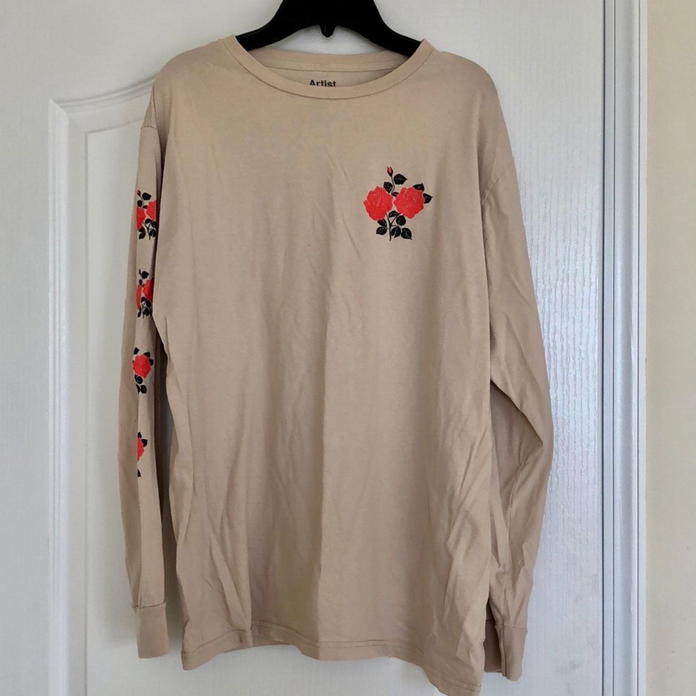 Skater Tan Long Sleeve Graphic Rose T-Shirt